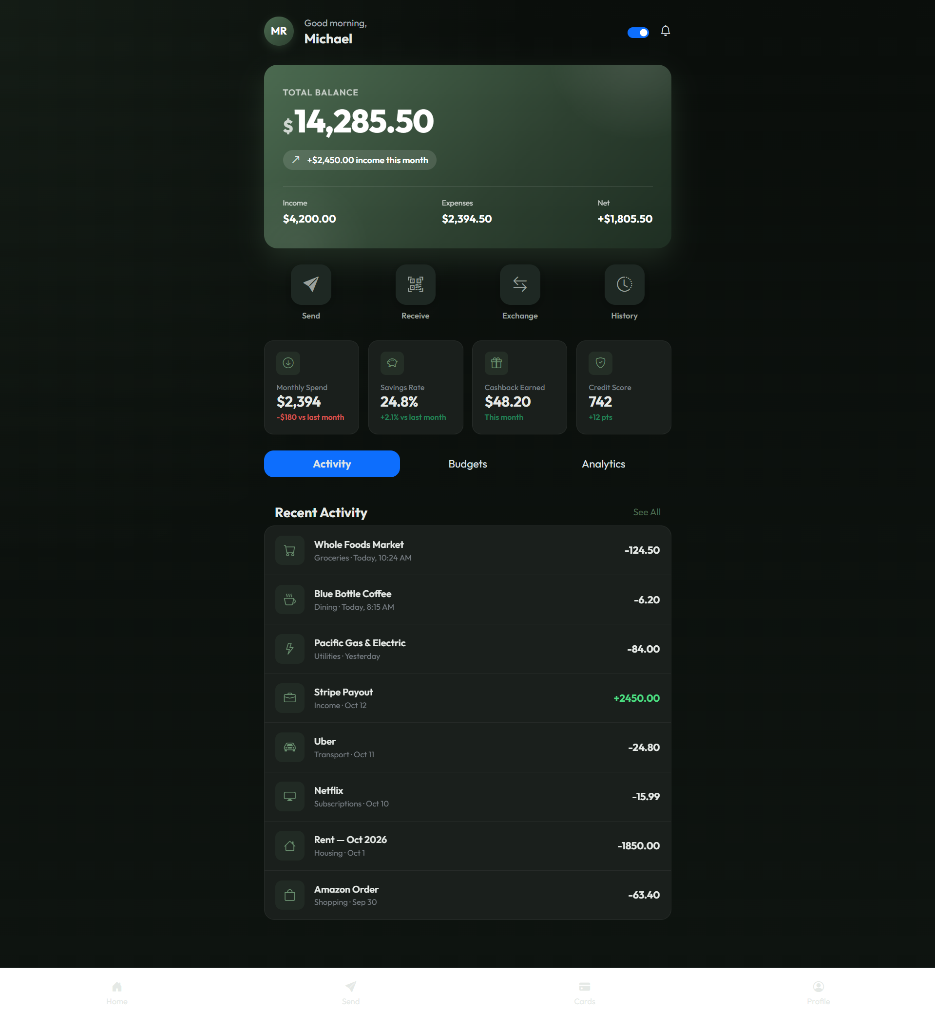 LedgerLeaf Finance in dark mode